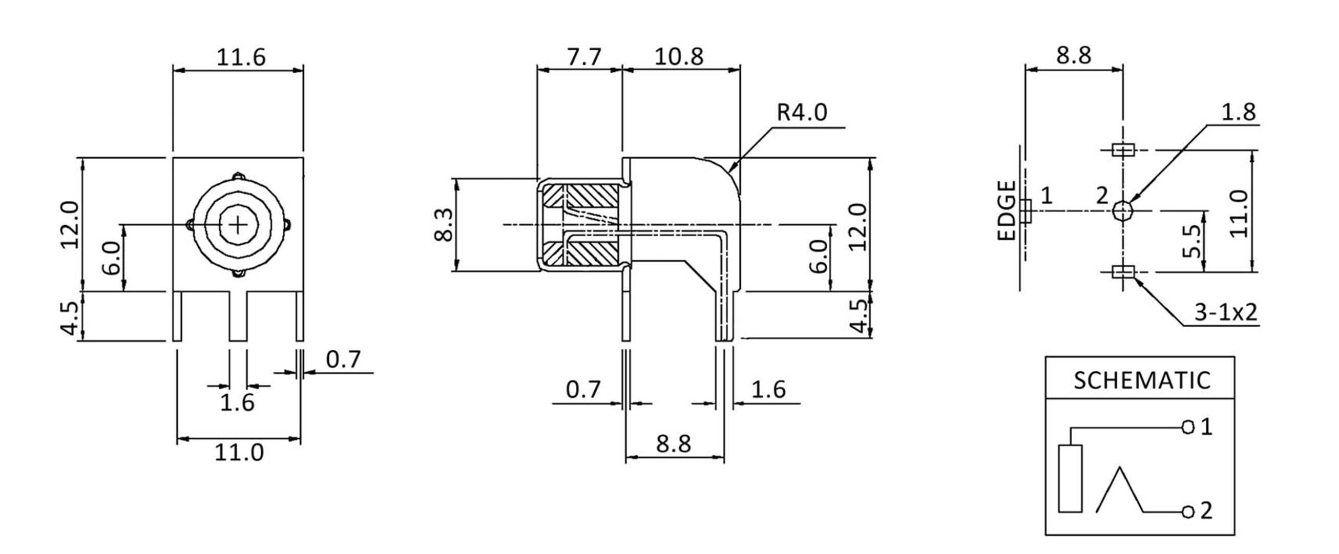 Technische Zeichnung eines elektronischen Bauelements mit Abmessungen und einem Schaltbildschema für die Montage und Verdrahtung.
