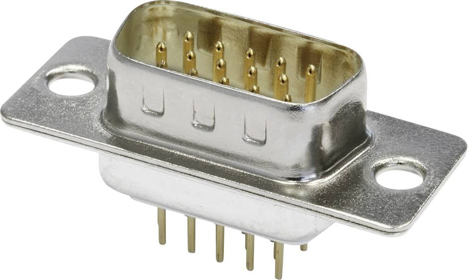 Ein DB-15-Stecker mit metallischem Gehäuse und goldfarbenen Pins zur Verwendung in elektronischen Geräten und Steckverbindungen.