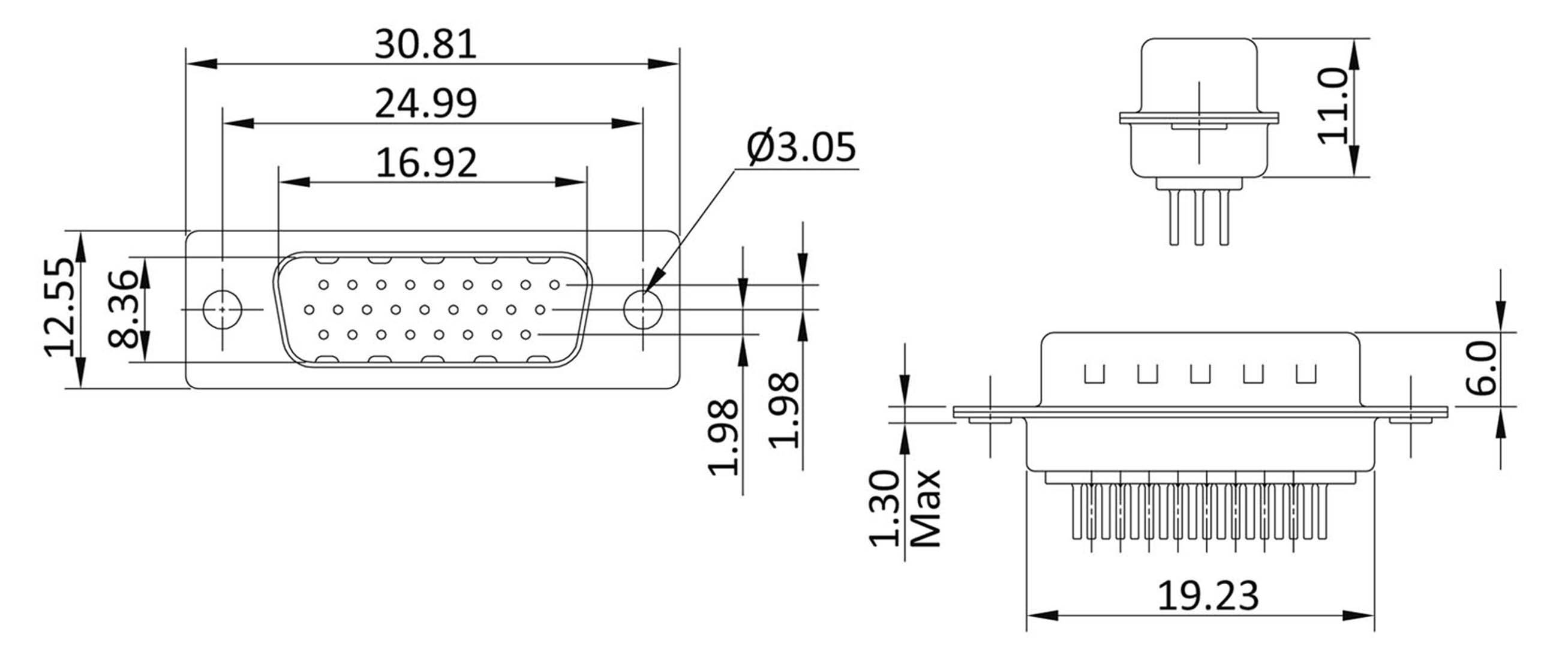 Technische Zeichnung eines Steckverbinders mit Abmessungen: 30,81 mm Breite, 12,55 mm Höhe. Anzeige von Stift- und Buchsenleisten.