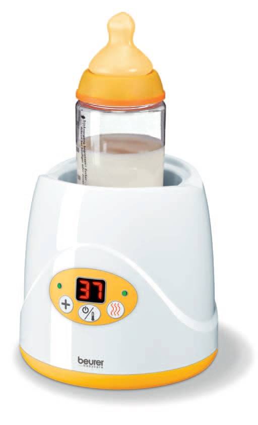 Babyflaschenwärmer mit digitaler Anzeige zeigt 37 Grad Celsius. Die Flasche ist im Wärmer platziert. Steuerungsknöpfe vorne.