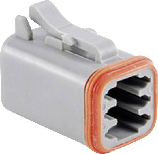 Ein grauer, rechteckiger Stecker mit einem orangefarbenen Dichtungsgummi, bestehend aus sechs Steckplätzen.