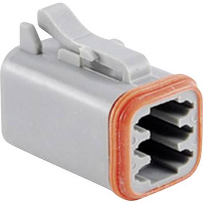 Ein grauer, rechteckiger Stecker mit einem orangefarbenen Dichtungsgummi, bestehend aus sechs Steckplätzen.