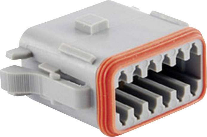 Grauer, rechteckiger Stecker mit mehreren Steckplätzen und rotem Rand. Verwendet für elektrische Verbindungen in Geräten.