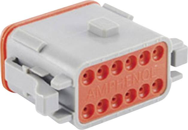 Grauer rechteckiger elektrischer Stecker mit roter Vorderseite und mehreren runden Steckplätzen, Aufschrift 'Amphenol'.