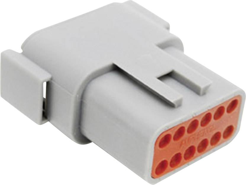 Rechteckiger grauer Stecker mit rotem Einsatz und mehreren Anschlusspunkten, verwendet in elektrischen oder elektronischen Anwendungen.