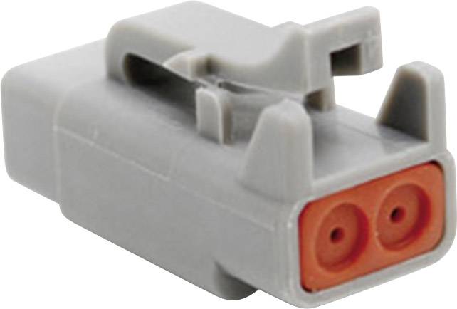 Ein grauer Steckverbinder mit zwei orangenen Steckplätzen, oft in elektronischen Verbindungen verwendet.