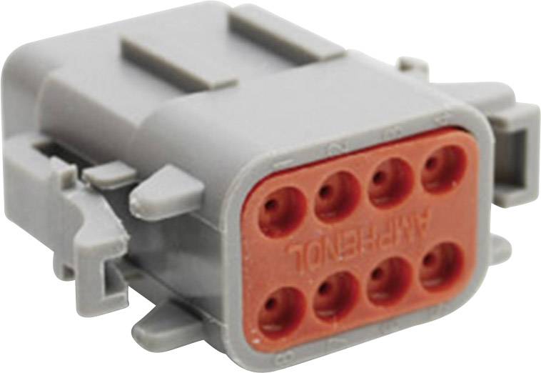 Elektrischer Stecker mit grauem Gehäuse und rotem Vorderteil, enthält sechs Anschlüsse für Kabelverbindung.