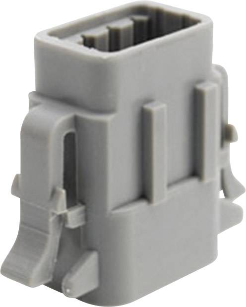 Grauer Kunststoffstecker mit rechteckiger Form und seitlichen Verriegelungslaschen. Geeignet für elektrische Verbindungen in Geräten.