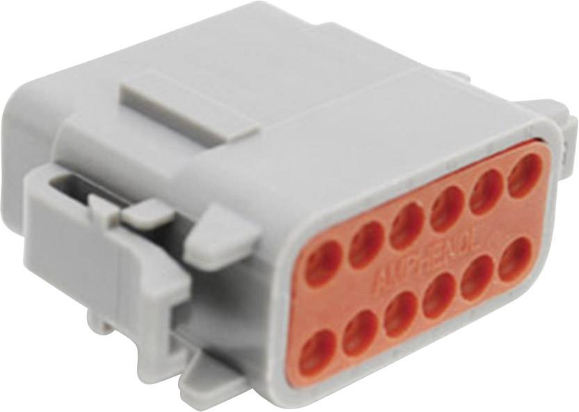 Ein grauer elektrischer Steckverbinder mit mehreren orangefarbenen Anschlussöffnungen, eingesetzt in Fahrzeug- oder Industrieanwendungen.
