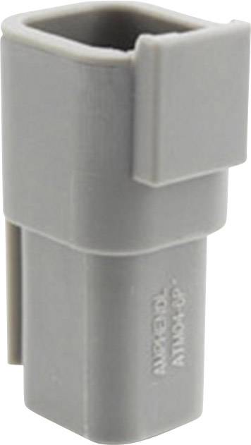 Ein grauer Kunststoffstecker, zylindrisch mit quadratischer Basis, aufrecht stehend.