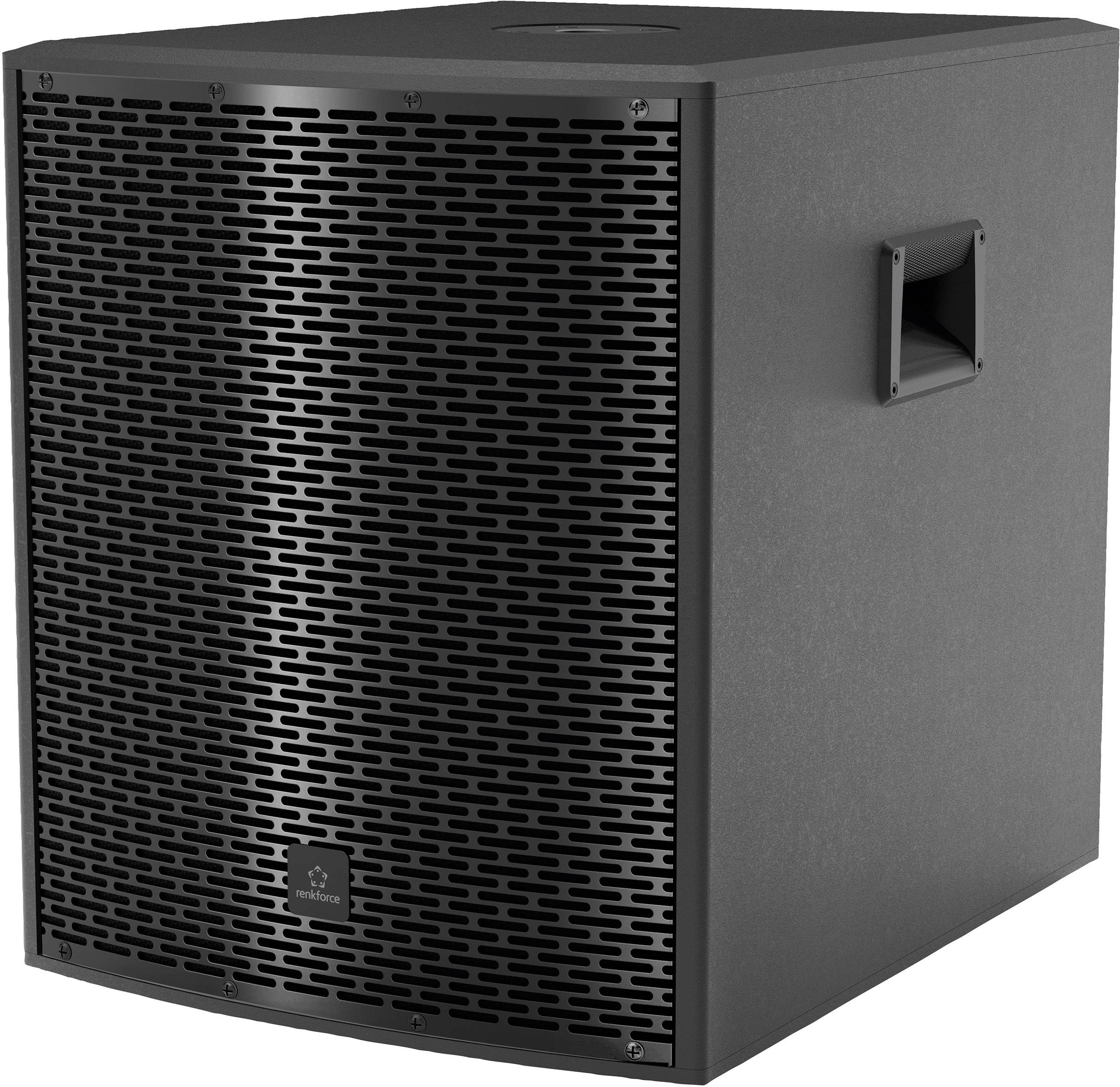Schwarzer Lautsprecher mit seitlichem Tragegriff und vorne sichtbarem Gitter. Rectangular design, geeignet für Audio-Events.