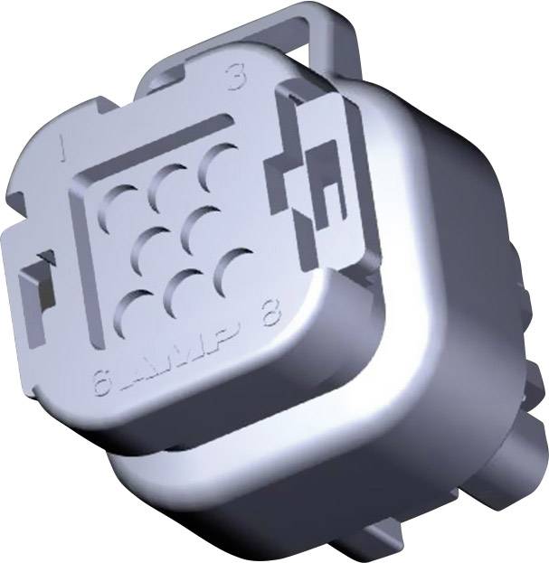 Stecker mit neun quadratisch angeordneten Kontakten, nummeriert von 1 bis 9. Kunststoffgehäuse mit rechteckigem Rahmen und Befestigungselement.