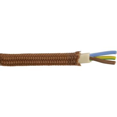Braunes Textilkabel mit freiliegenden bunten Drähten: blau, gelb-grün und braun. Geeignet für Elektroinstallationen.