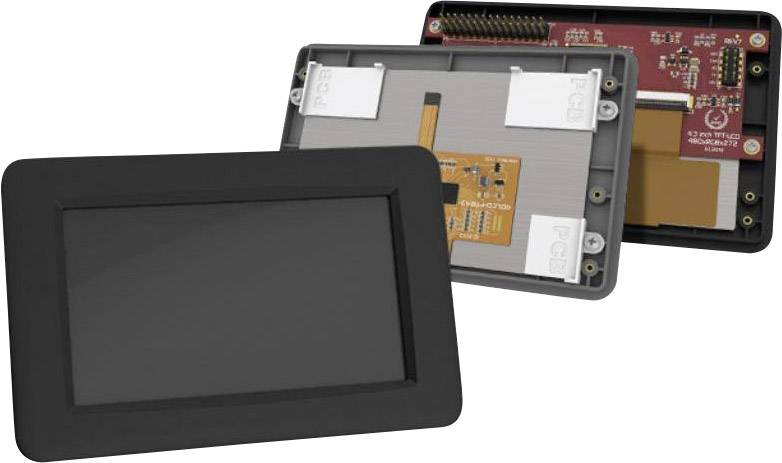 Ein zerlegtes elektronisches Gerät mit einem Bildschirm, einer Platine und Anschlüssen, die die interne Struktur und Komponenten zeigen.