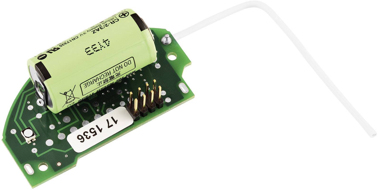 Grüne Platine mit aufliegendem zylindrischen, grünem Akku und einer weißen Antenne.