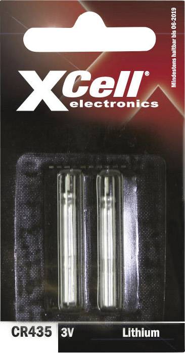 Verpackung mit zwei Lithium-Knopfzellen, Marke 'XCell electronics', Modell CR435, 3 Volt.