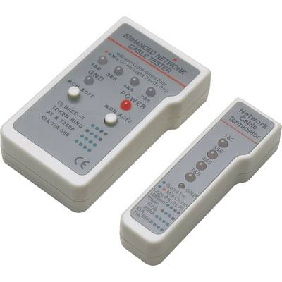 Netzwerk-Kabeltester und Terminator, zeigt Power-Status und Verbindungstests an. Hauptgerät und kleinerer Terminator.