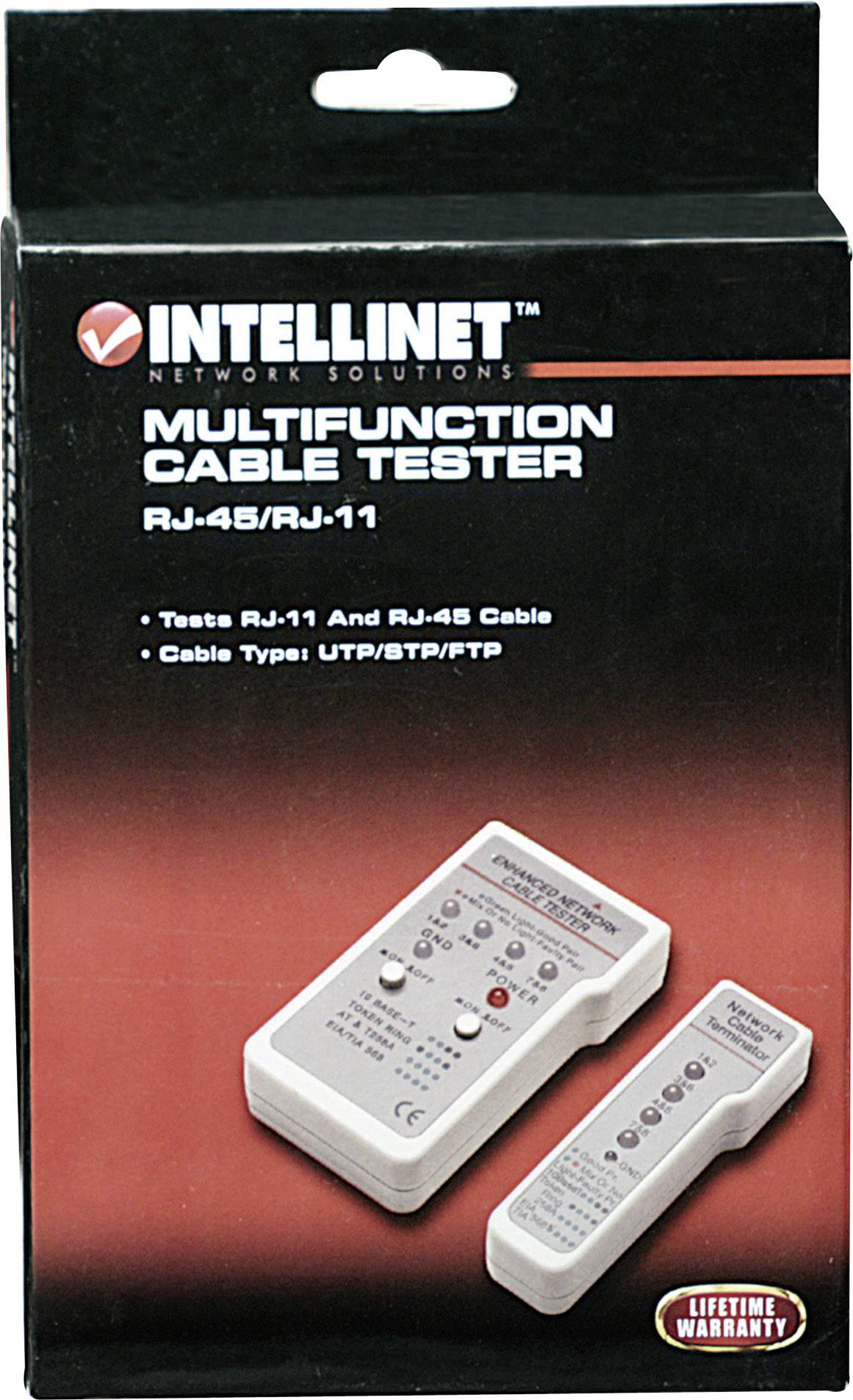 Schwarze Verpackung eines Multifunktions-Kabeltesters der Marke Intellinet. Geeignet für RJ-45/RJ-11 Kabeltypen: UTP/STP/FTP.