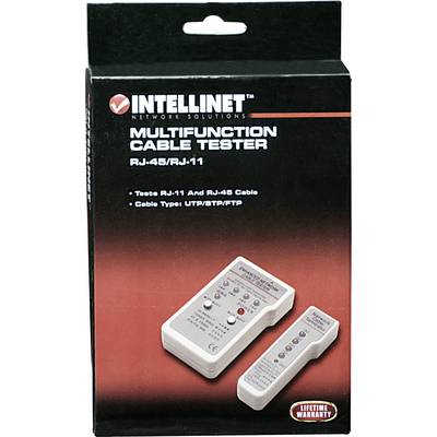 Schwarze Verpackung eines Multifunktions-Kabeltesters der Marke Intellinet. Geeignet für RJ-45/RJ-11 Kabeltypen: UTP/STP/FTP.