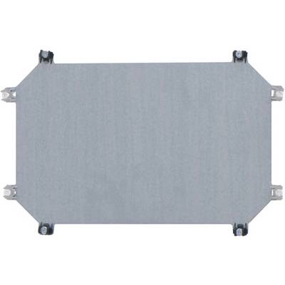 Metallplatte mit sechs Ecken, vier Schraubbefestigungen und zwei Eckverstärkungen. Sie hat eine matte, silberne Oberfläche.