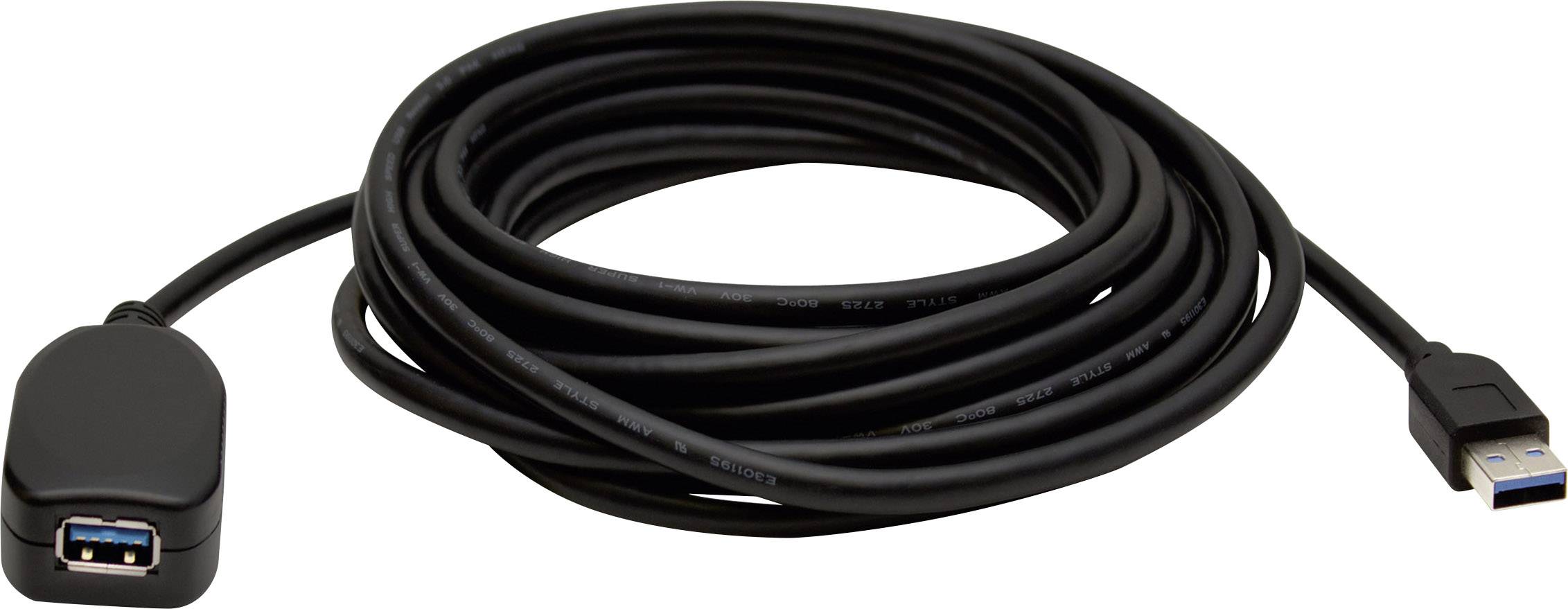 Schwarzes USB-Verlängerungskabel mit einem weiblichen und einem männlichen Anschluss.