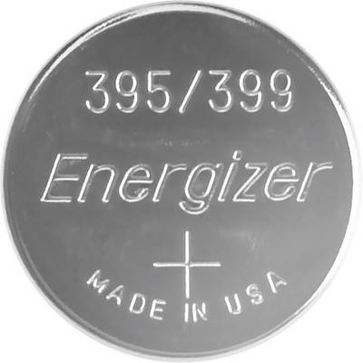 Silberne Knopfzelle mit Aufschrift: '395/399 Energizer, Made in USA' und einem Pluszeichen unten.