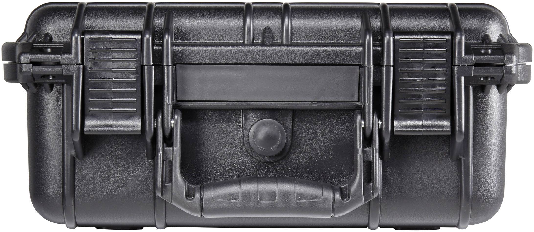 Ein schwarzer, robuster Hartschalenkoffer mit zwei Verschlüssen und einem Griff vorne, geeignet zum sicheren Transport von empfindlichen Gegenständen.