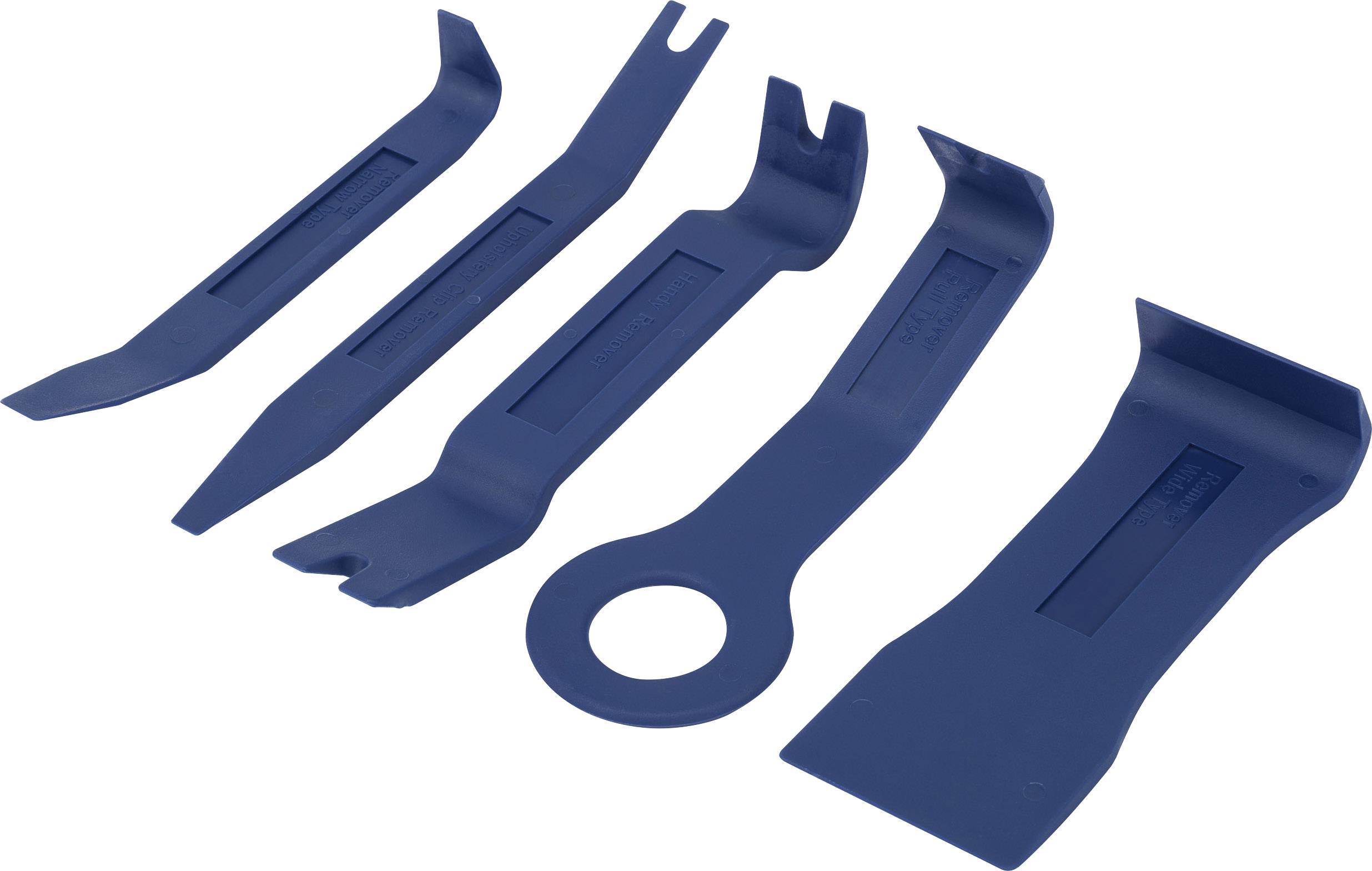 Fünf blaue Kunststoffwerkzeuge mit unterschiedlichen Enden und Formen, die zum Entfernen von Verkleidungsteilen im Auto verwendet werden.