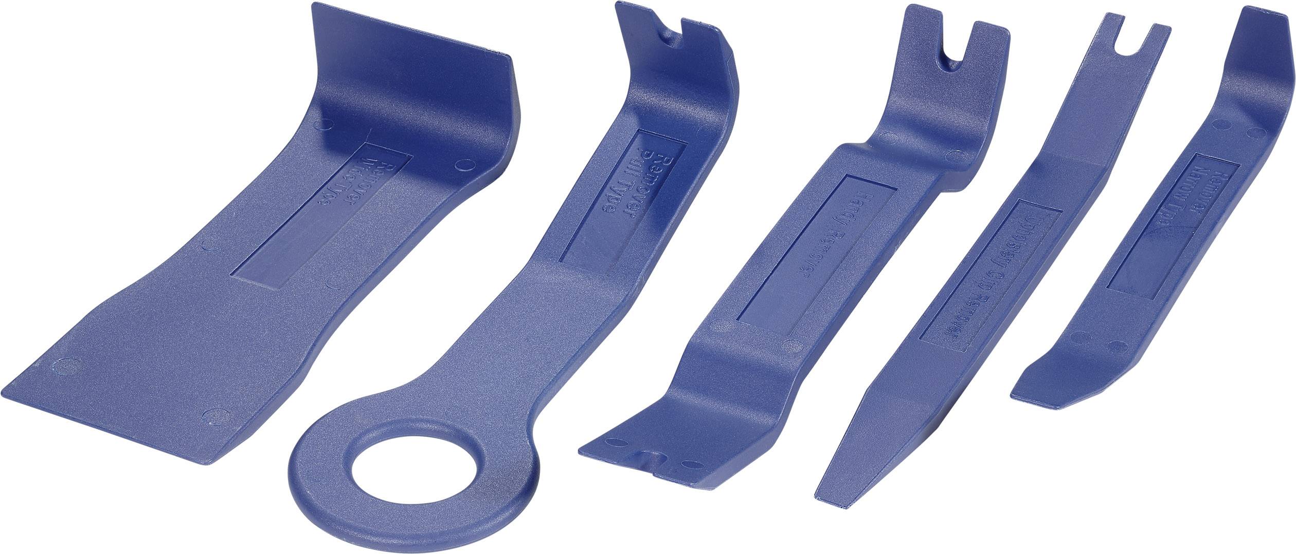 Fünf blaue Kunststoffwerkzeuge in unterschiedlichen Formen und Größen, verwendet zur Demontage von Kfz-Innenverkleidungen.