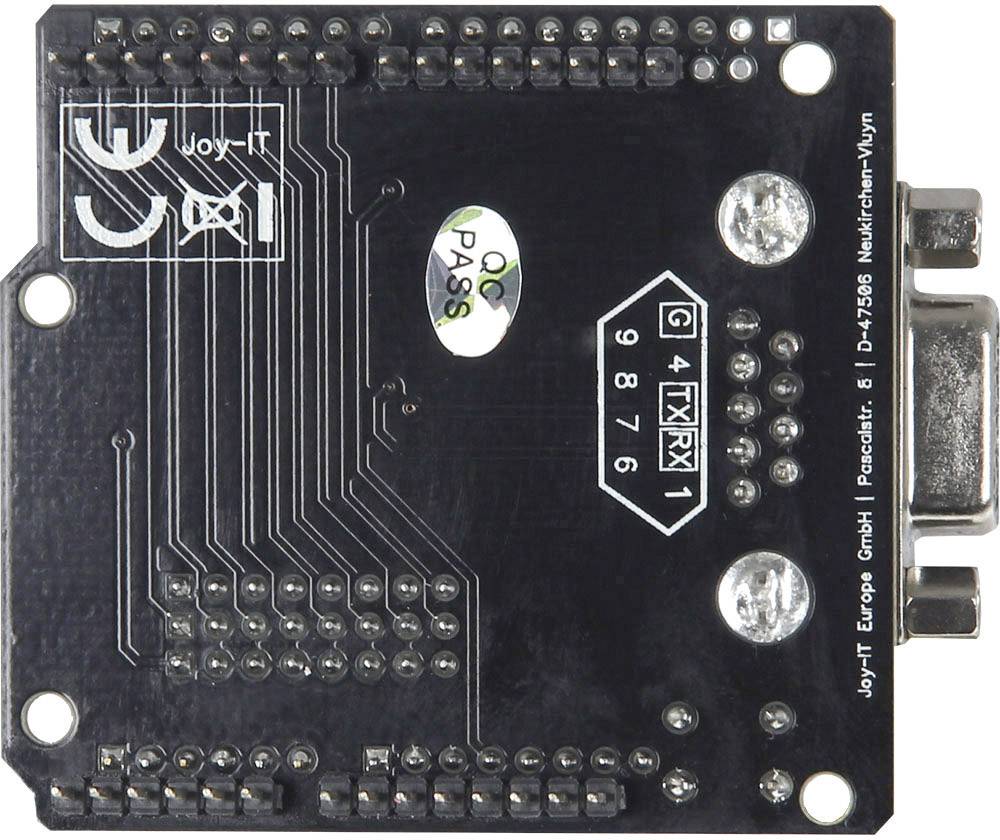 Schwarze elektronische Schaltplatine mit Leiterbahnen, weißen Symbolen und Zahlen. Oben links ein CE- und ein Warnsymbol.