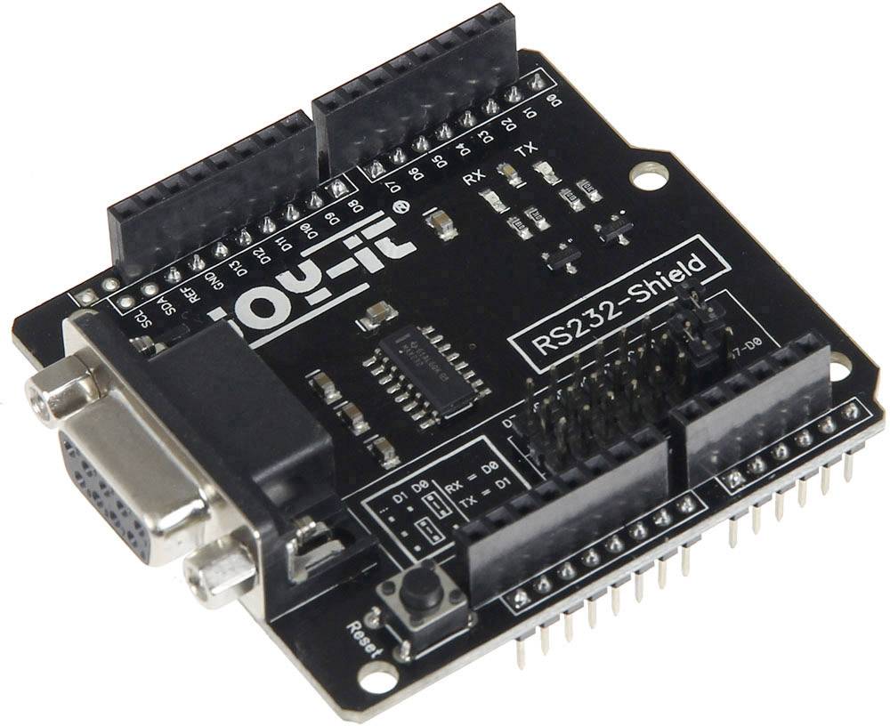 Arduino RS232-Shield mit mehreren Steckverbindern und Schaltkreisen, ermöglicht serielle Kommunikation für Mikrocontroller-Projekte.