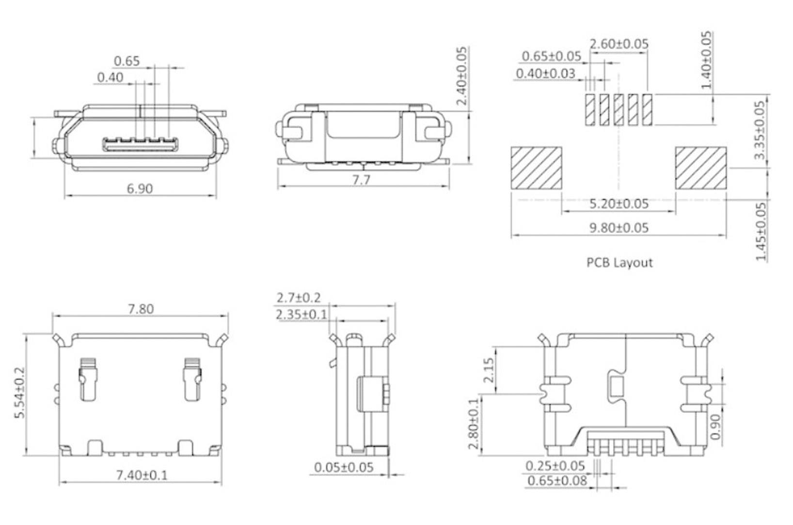 Technische Zeichnung eines USB-C-Anschlusses mit Maßen und Layout für Leiterplatte. Zeigt Front-, Seiten- und Oberansicht mit detaillierten Abmessungen.