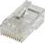 Ein nah aufgenommenes Bild eines transparenten RJ45-Netzwerksteckers mit sichtbaren goldenen Kontakten und einem Befestigungsclip.