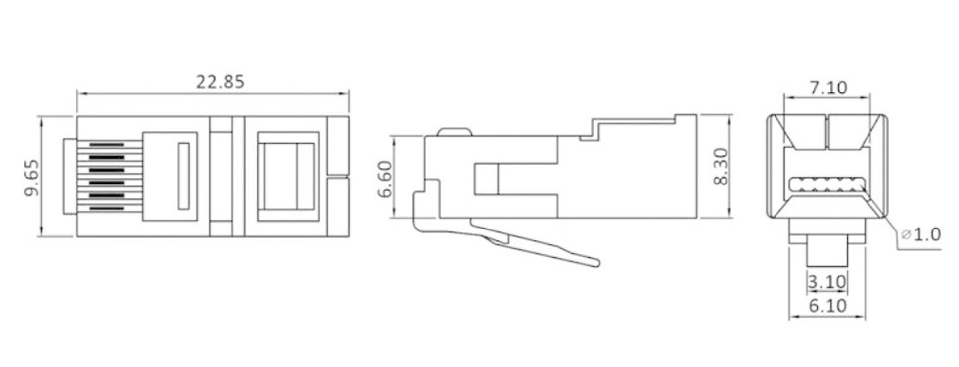 Technische Zeichnung eines RJ45-Steckverbinders mit den Maßen: Länge 22,85 mm, Breite 9,65 mm, Höhe 8,30 mm. Seiten- und Vorderansicht gezeigt.