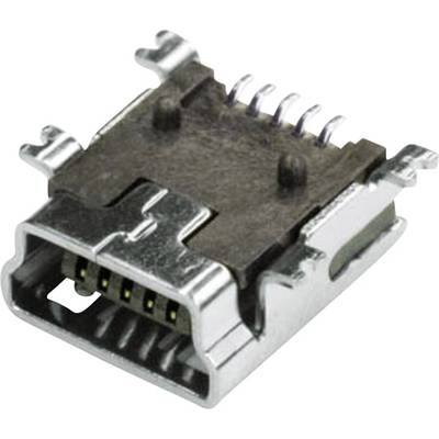 Nahaufnahme eines Metall-Mikro-USB-Anschlusses auf weißem Hintergrund. Zeigt die Steckerpins und Befestigungsclips.