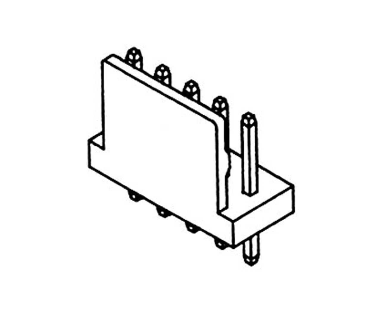 Technische Zeichnung eines elektronischen Steckverbinders mit fünf Pins und rechteckiger Form.