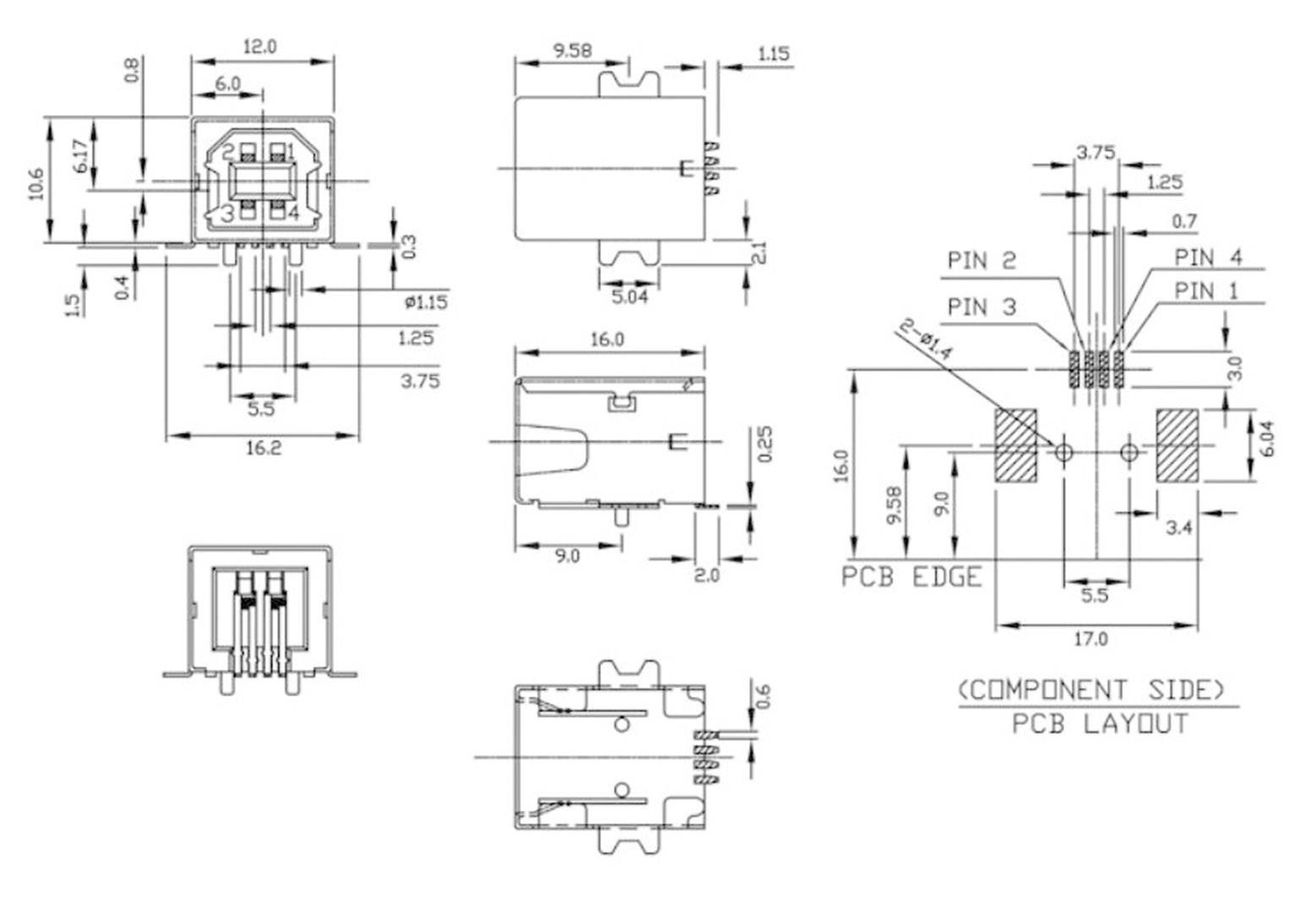 Technische Zeichnung eines elektrischen Steckverbinders mit Maßen und Pin-Layout. Zeigt verschiedene Ansichten und Details für PCB-Montage.