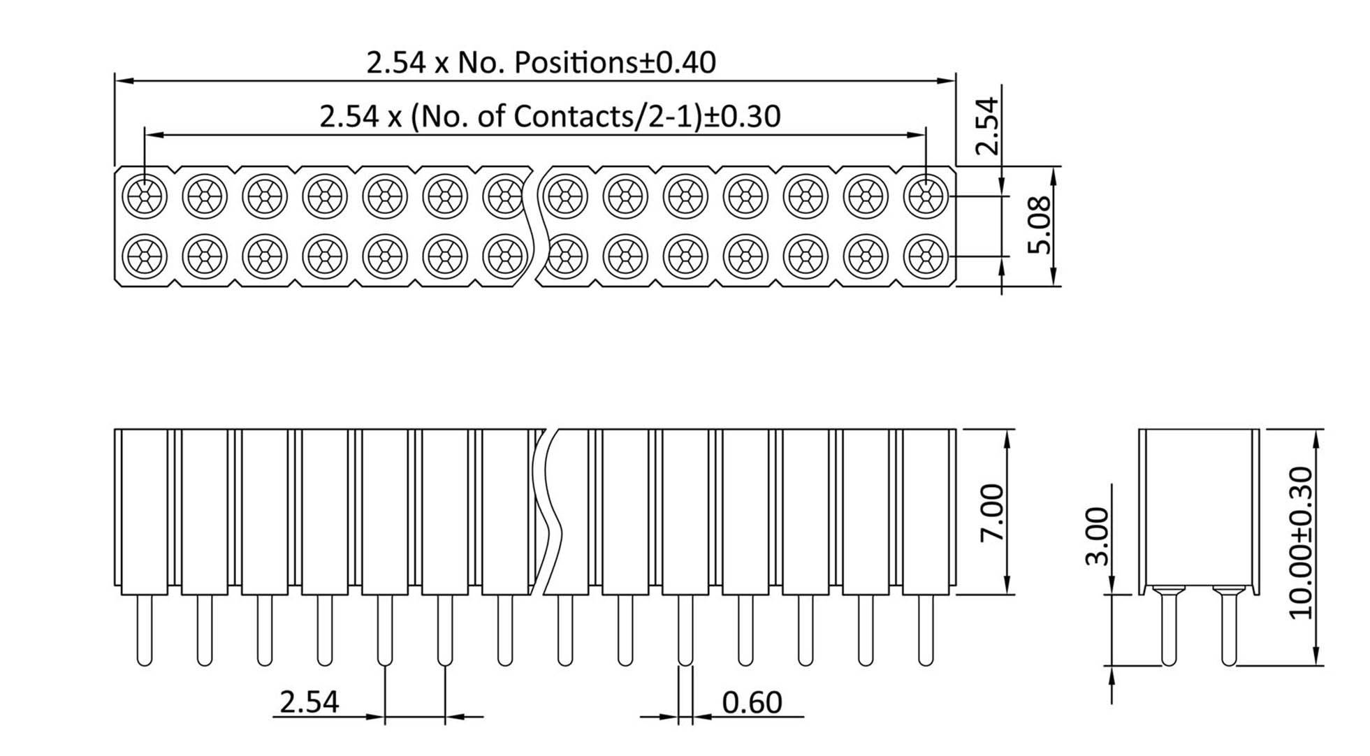 Technische Zeichnung eines Elektroniksteckers mit Maßen. Zeigt Abmessungen und Anschlussdetails. Wichtige Maße: 2,54 mm, 5,08 mm.
