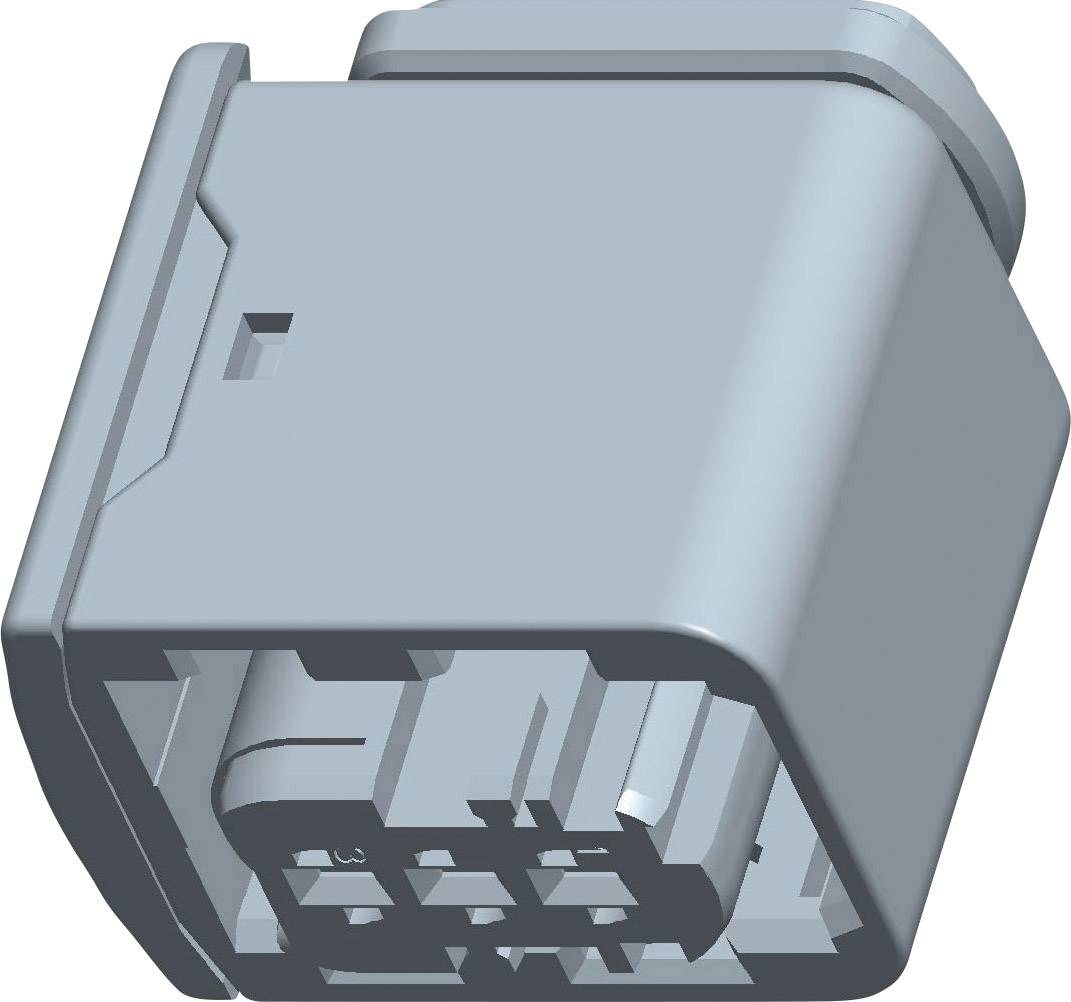 Grauer, rechteckiger Steckverbinder mit mehreren Pins, zeigt Vorder- und Oberansicht. Geeignet für elektronische Verbindungen in Geräten.