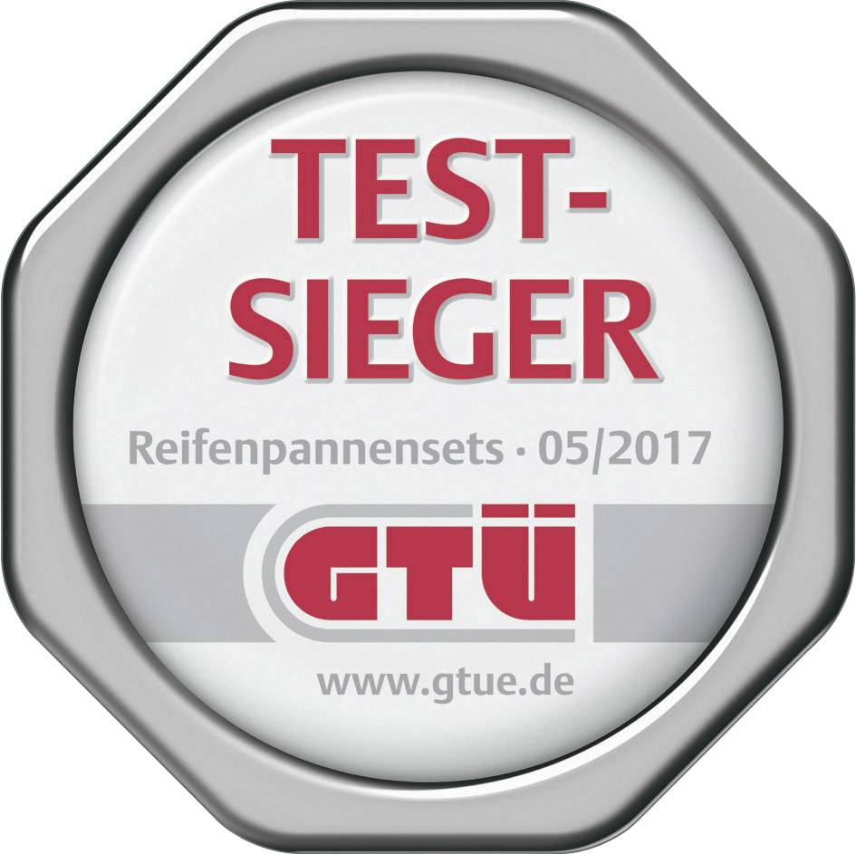 'Testsieger Reifepannensets 05/2017 GTÜ'. Prüfplakette der GTÜ für Reifenpannensets, datiert Mai 2017, zeigt das Logo und die Website.