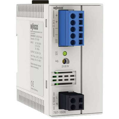 Ein Schaltnetzteil von Wago, Modell 787-1606, mit blauen und schwarzen Anschlussklemmen, LED-Anzeige und CE-Kennzeichnung.