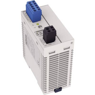 Weißes elektronisches Gerät mit blauen und schwarzen Klemmen oben, einem grünen LED-Licht und Lüftungsschlitzen an der Seite.