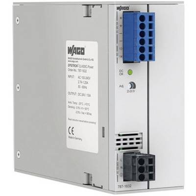 Ein graues elektrisches Gerät mit blauen und schwarzen Anschlussklemmen. Etikett zeigt Eingangs- und Ausgangsdaten, hergestellt in Deutschland.