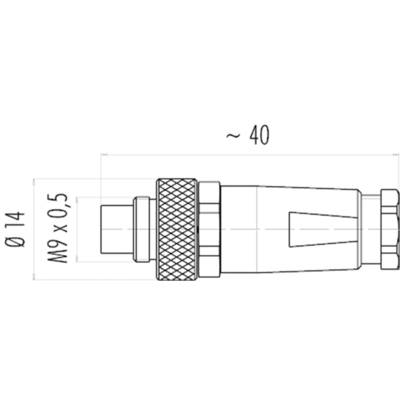 Technische Zeichnung eines Metallverbinders mit Gewinde M9 x 0,5, Gesamtlänge ca. 40 mm, Durchmesser 14 mm.