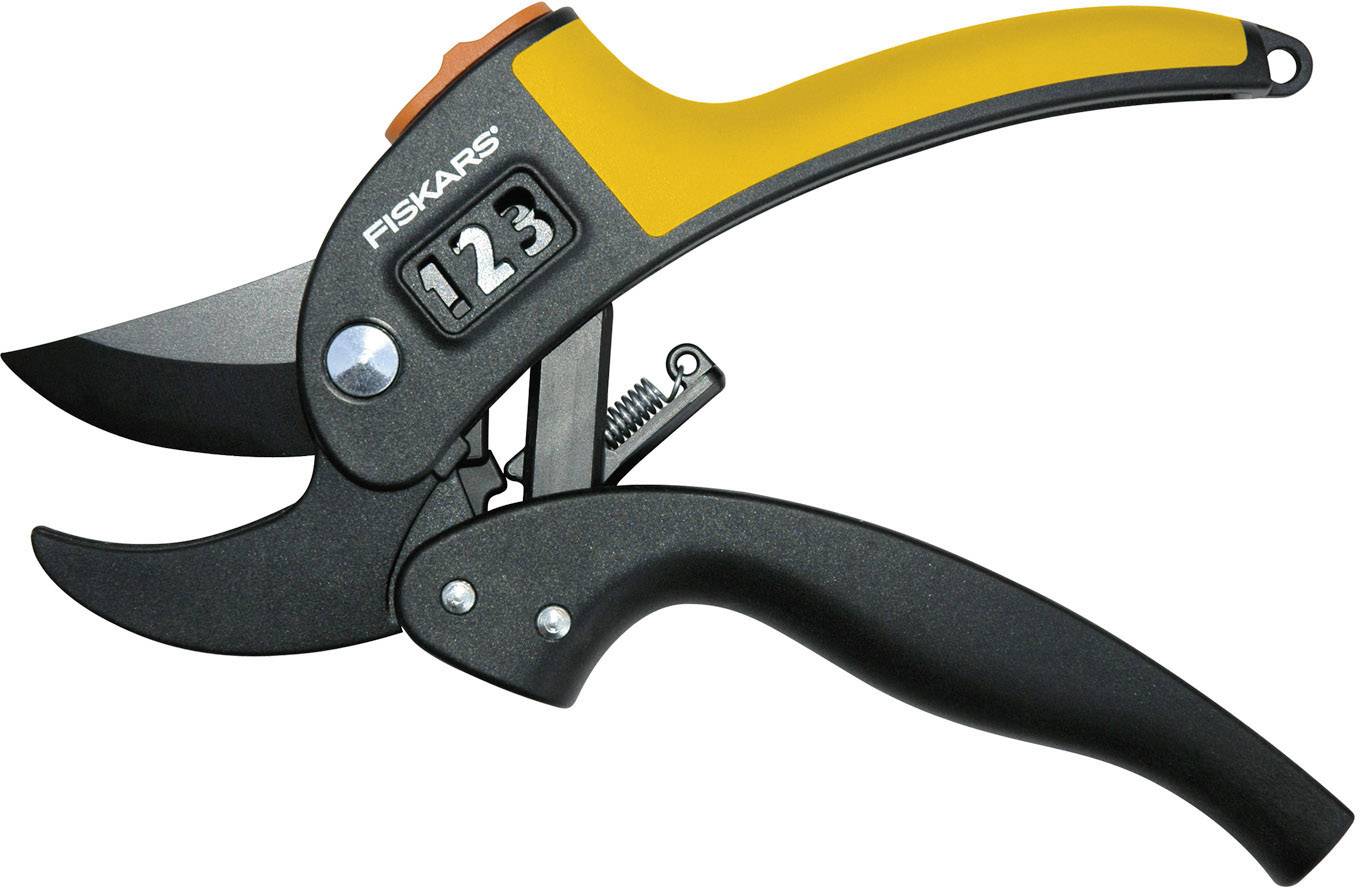 Gartenschere mit gelb-schwarzem Griff und einstellbarer Schneidkraftanzeige, ideal zum Schneiden von Ästen und Pflanzenstängeln.
