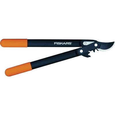 Gartenschere mit orangenen Griffen und gebogener Klinge, Marke 'Fiskars'. Geeignet für das Schneiden von Ästen und Sträuchern.