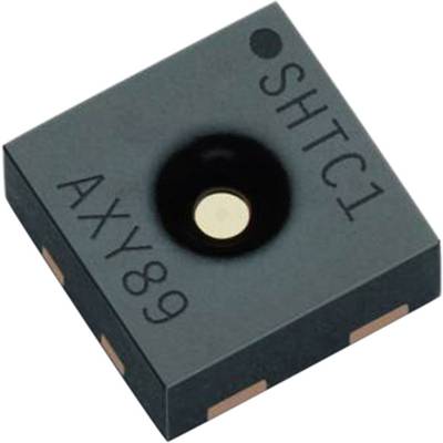Ein schwarzer Sensorchip mit der Aufschrift 'SHTC1' und 'AXY89', geeignet für Messungen von Temperatur und Luftfeuchtigkeit.