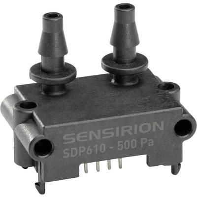 'Differenzdrucksensor SDP610-500 Pa von Sensirion, schwarz mit zwei Anschlüssen, zur Messung von Luft- und Gasflüssen.'