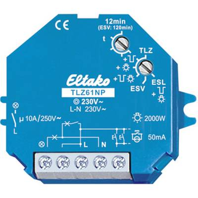 Elektronisches Relais von Eltako, Modell 'TLZ61NP'. Es zeigt Anschlussklemmen, Spannungs- und Lastspezifikationen sowie Symbole für Installationsanweisungen.