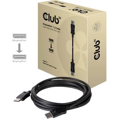 DisplayPort 1.2 Kabel von Club 3D, 3 Meter lang, zeigt beide Anschlüsse und Verpackung mit Produktinformationen.